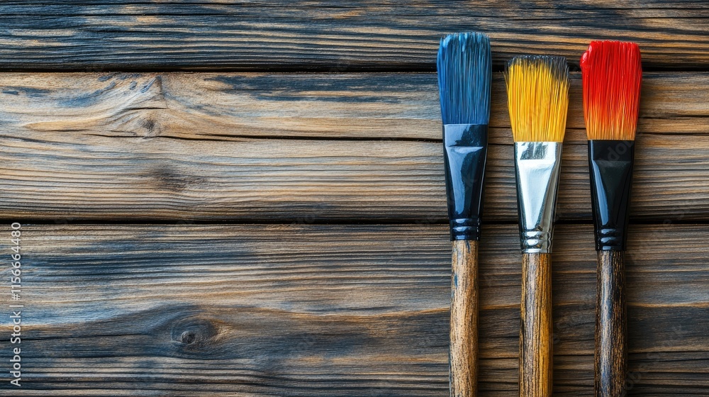 Aufkleber colorful paintbrushes positioned on a rustic wooden surface creating an artistic background for crea