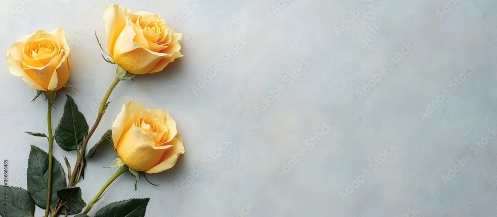Poster three elegant yellow roses on a soft background providing space for personalized text or messages in
