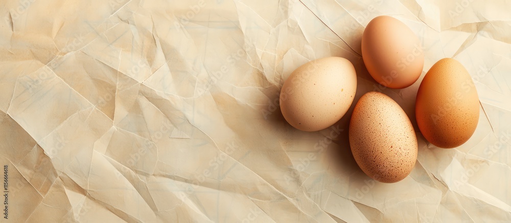 Aufkleber four chicken eggs on textured beige paper with subtle lines and triangles creating a soft, natural a