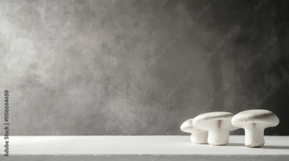 Aufkleber three fresh champignon mushrooms arranged on a white table with a dark textured background for a min