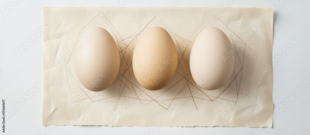Aufkleber three beige chicken eggs arranged on natural paper with geometric lines and triangles creating a min