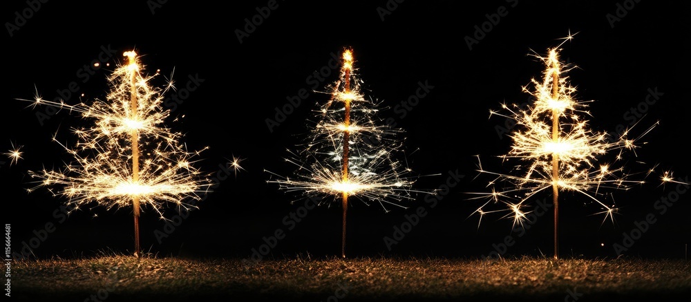 Poster three illuminated christmas trees crafted from sparklers creating a festive atmosphere against a dar