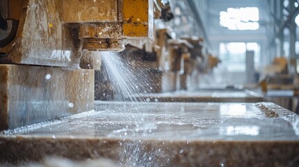 Industrial marble cutting in a factory setting involves the precise cutting of marble and granite. During the marble cutting process, water is used for cooling, ensuring efficiency and quality.