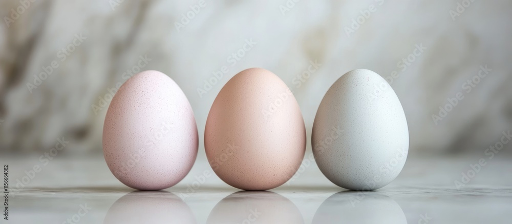 Poster pastel colored easter eggs in a row with selective focus highlighting the first egg on a soft backgr