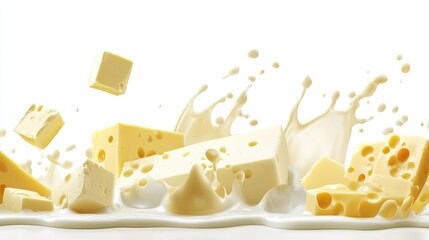 A bright and fresh dairy banner with milk splashes, butter cubes, and cheese slices on a neutral white background.