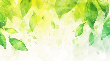 A vibrant watercolor illustration featuring green leaves and splashes of color, evoking nature.