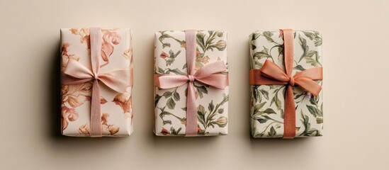 Three eco-friendly gift boxes wrapped in decorative recycled paper with ribbon bows against a neutral background