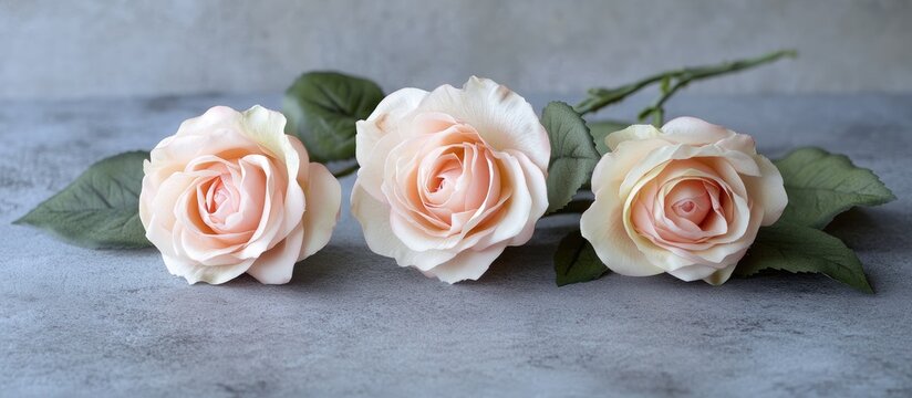 Three delicate light pink roses arranged on a soft abstract background ideal for invitations and congratulatory messages