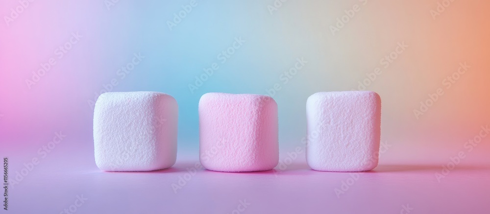Poster pastel colored backdrop featuring three zephyr marshmallows showcasing their soft textures and playf