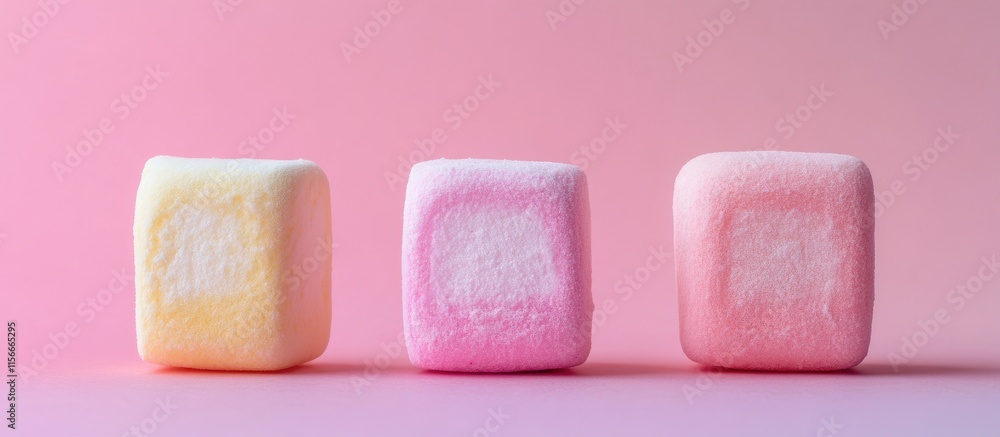 Poster pastel colored zephyr marshmallows arranged neatly on a soft gradient backdrop for a charming and wh