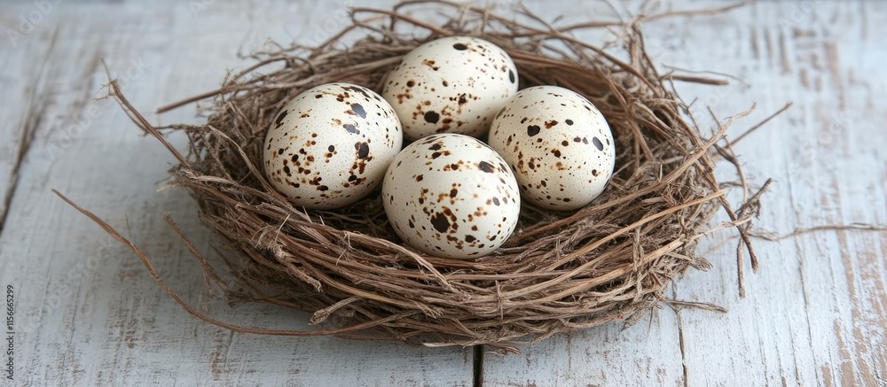 Poster quail eggs nestled in a rustic straw nest on a textured wooden background showcasing a natural and o