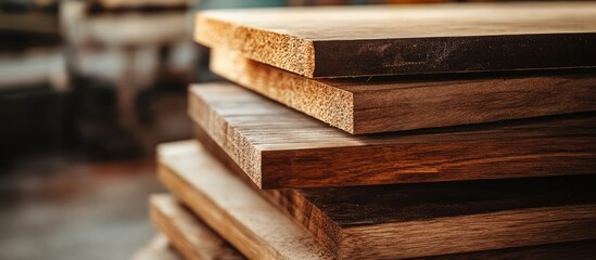 Stacked wooden planks showcasing rich textures and tones in a well-lit studio highlighting woodworking design elements and craftsmanship.