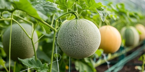 Melon flower and melon plants thrive in an organic garden, showcasing the growth of melon seedlings on a farm. Fresh melons, green melons, and cantaloupe melons flourish in a greenhouse with string