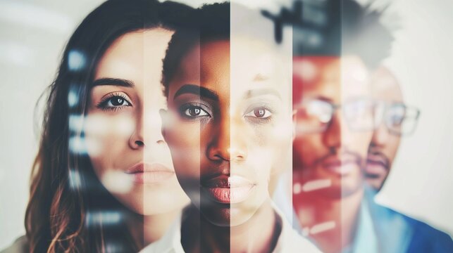 A diverse group of individuals is portrayed through layered, overlapping images, reflecting contemporary themes of identity and connection.DEIB,DEI,consumer survey insights, market research