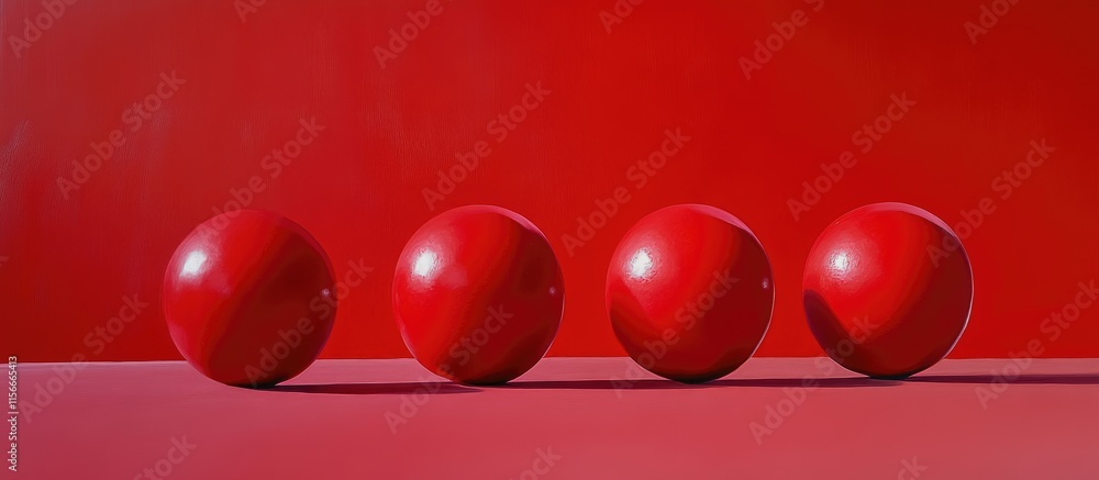 Poster red balls arranged in a line on a vibrant red background creating a bold monochromatic visual effect