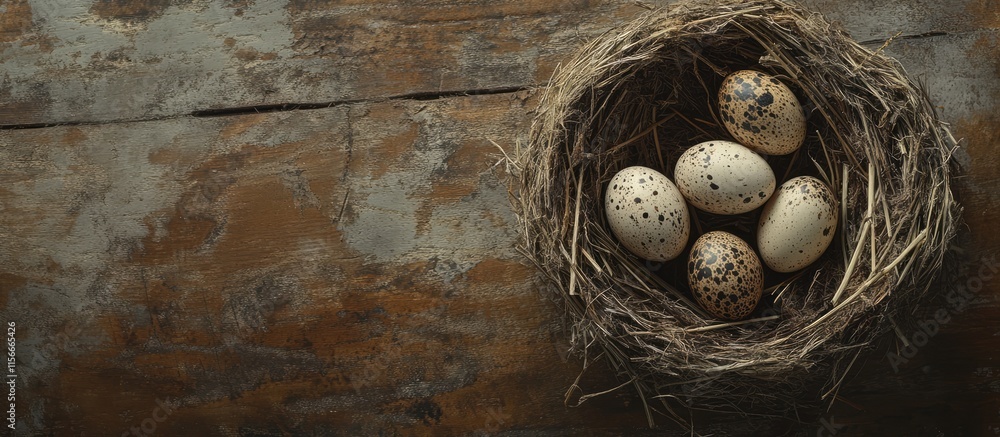 Poster three quail eggs nestled in an artificial straw nest on a rustic weathered wooden surface showcasing