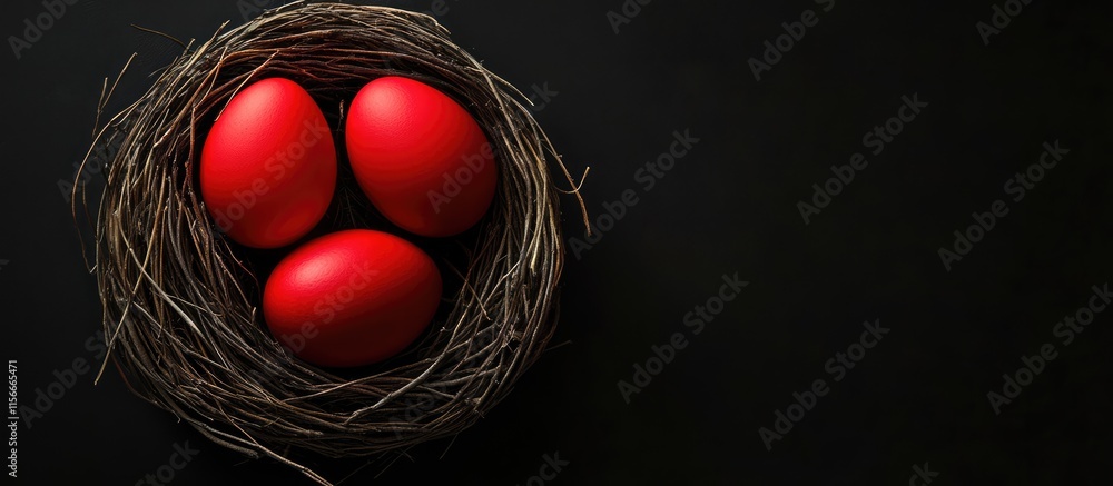 Poster red easter eggs in a rustic nest on a dark background symbolizing spring and celebration of easter t