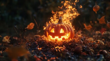 Enchanting Halloween campfire featuring a small pumpkin Jack o lantern, perfect for creating a festive atmosphere. This Halloween campfire with Jack o lantern adds charm to spooky gatherings.