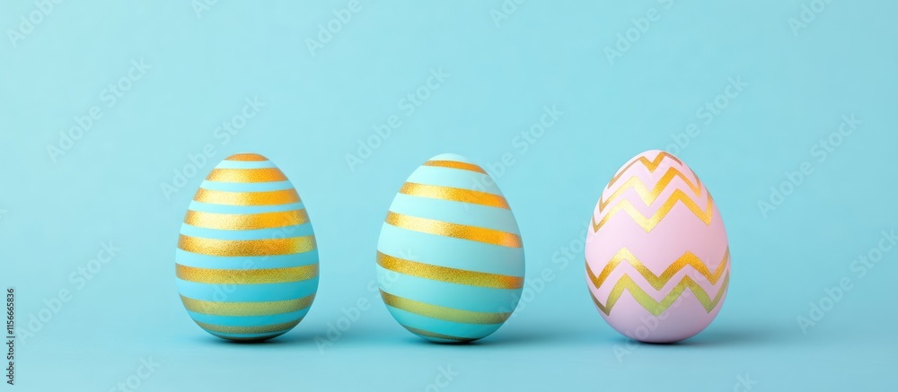 Poster three colorful classic eggs with gold embellishments on a blue background minimalistic design with s