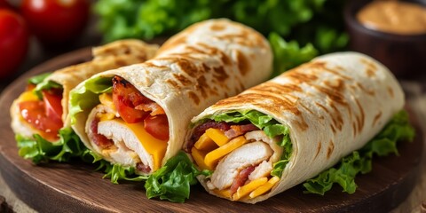 Delicious chicken bacon wraps featuring tomatoes, lettuce, and cheese, showcasing tortilla and burrito style sandwiches twisted into enticing rolls. A perfect horizontal presentation for wraps lovers.