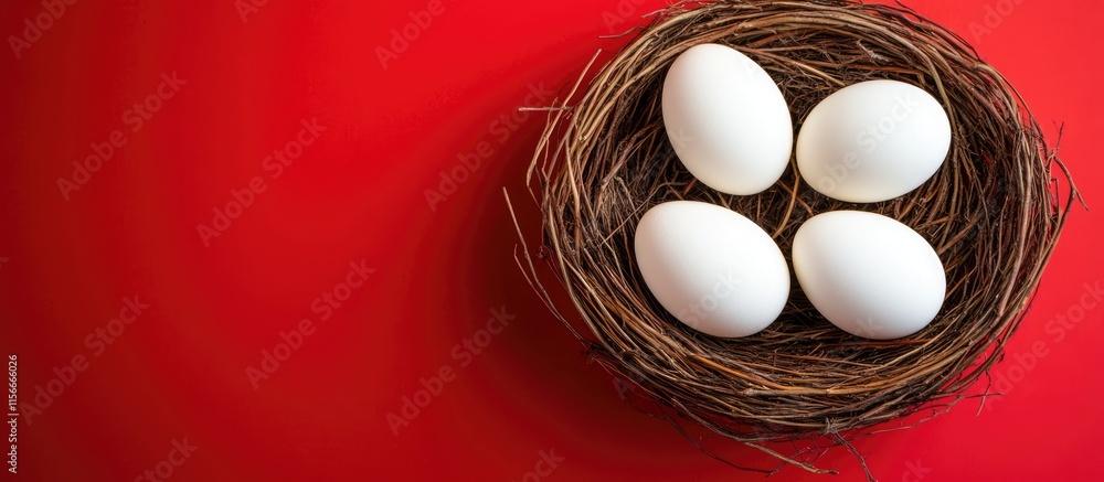 Poster three white easter eggs nestled in a natural nest on a vibrant red background creating a festive and