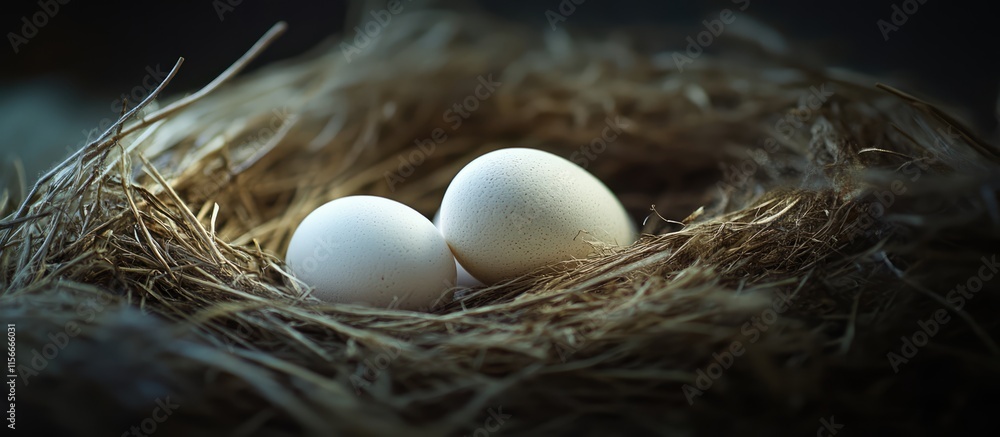 Poster fresh white eggs resting in a natural straw nest creating a serene and rustic ambiance for culinary 