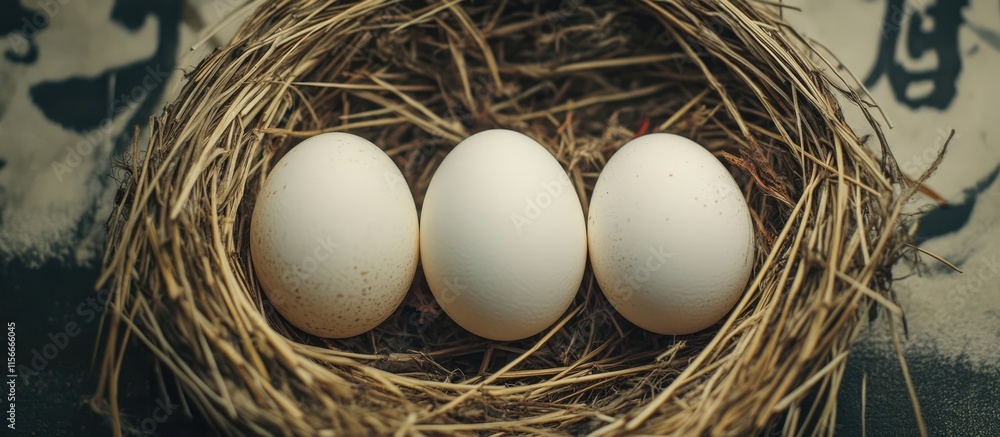 Poster three white eggs positioned harmoniously within a natural straw nest on a textured surface backgroun