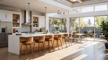 Spacious and modern open concept kitchen with a breakfast bar bar stools and abundant natural light creating a welcoming and functional living space