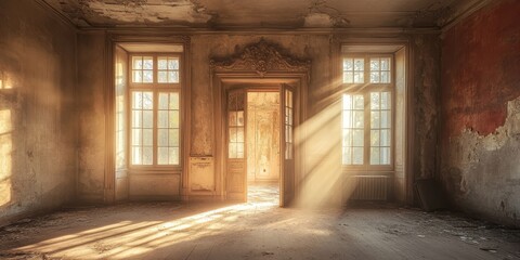 A captivating old room in an abandoned building features light streaming through the windows, highlighting a beautiful doorway and shabby walls of the old abandoned manor.