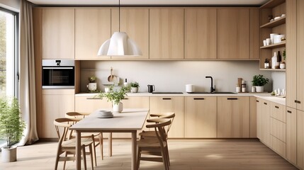 Bright and minimalist Scandinavian inspired kitchen featuring a light wood tone palette simple decor and an efficient open layout that promotes a comfortable and functional living space