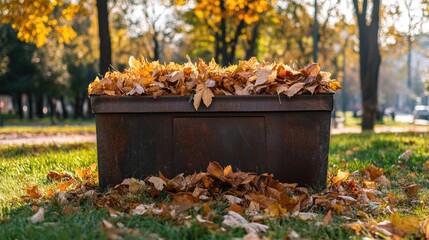 Metal container for collecting leaves and grass in a park surrounded by autumn foliage and trees showcasing seasonal cleanup efforts