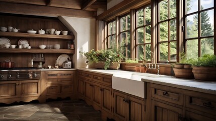 Cozy and inviting rustic kitchen interior featuring warm wooden cabinetry and an open window allowing natural light to flood the space creating a comfortable and welcoming atmosphere