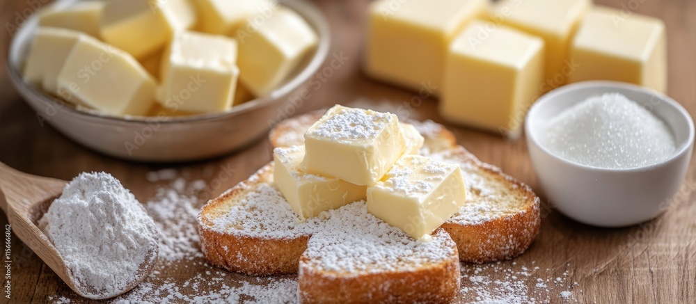 Poster Delicious toast topped with creamy butter and powdered sugar served on a rustic wooden background with additional butter cubes and sugar.