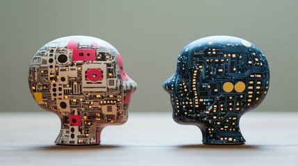 Artificial intelligence and natural language processing concept with robotic heads symbolizing human-machine communication and interdisciplinary technology.
