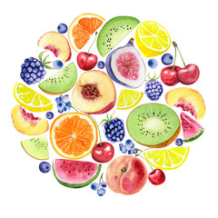 Watercolor set of hand painted fruits illustrations. Fresh and juicy berries and fruits for sweet food design.