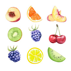 Watercolor set of hand painted fruits illustrations. Fresh and juicy berries and fruits for sweet food design.