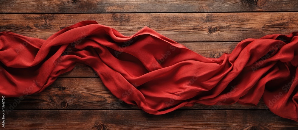 Poster elegant red fabric draped over rustic wooden table surface creating a warm inviting atmosphere ideal