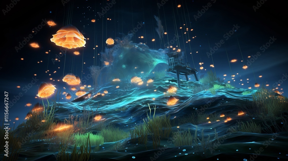 Poster engine simulation showcasing the dynamic and intricate world of layered oceanic phytoplankton scenar