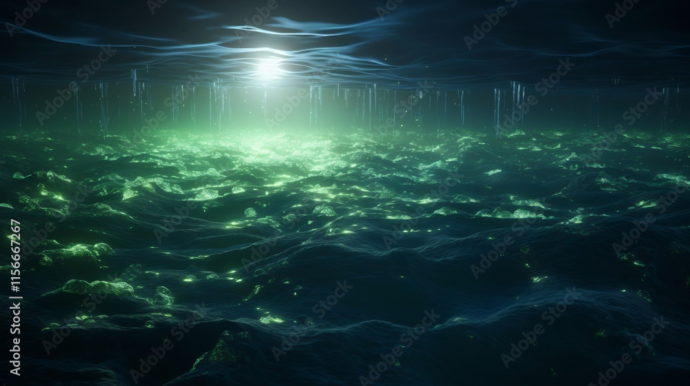Poster mesmerizing layered oceanic phytoplankton simulation with glowing bioluminescence engine visualizati
