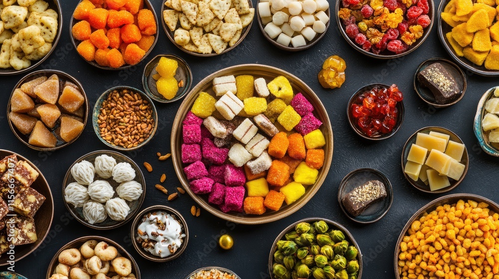Poster assorted colorful sweets and dry fruits arranged in bowls viewed from above creating a vibrant festi