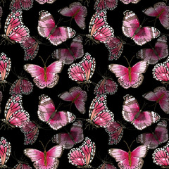 Watercolor pink butterflies seamless pattern Hand painted illustration with summer elements for textile or wallpaper with garden designs on black background