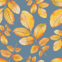 Watercolor seamless pattern of golden leaf of walnut tree. Autumn big foliage in elegant style.