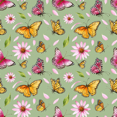 Watercolor pink echinacea flowers and butterflies seamless pattern on green. Hand painted illustration with elegant garden pink daisies flowers to design invitations, postcards and other print