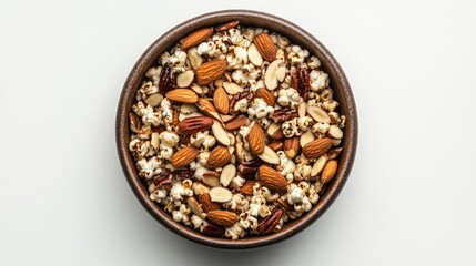 Ancient stoneware bowl filled with gourmet popcorn mixed with almonds and pecans beautifully arranged on a clean white background