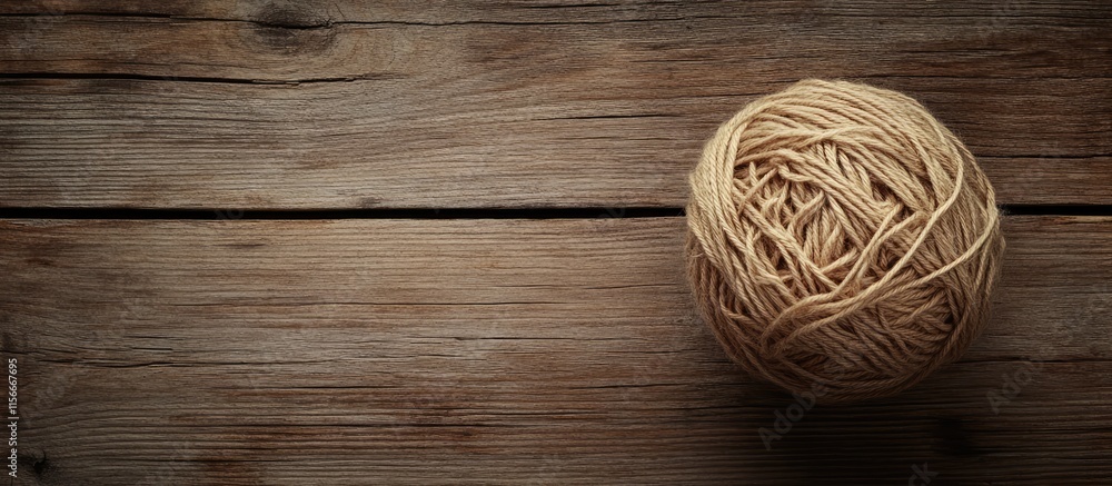 Poster top view of a textured ball of twine on rustic wooden surface creating a cozy artisanal feel for cra