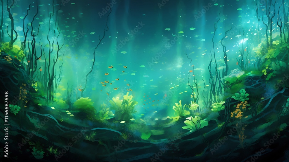 Poster vibrant and colorful abstract representation showcasing the diverse array of phytoplankton found in 