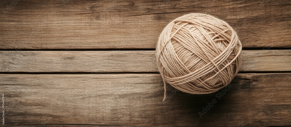 Aufkleber top view of a textured ball of natural threads on a rustic wooden surface ideal for craft and textil