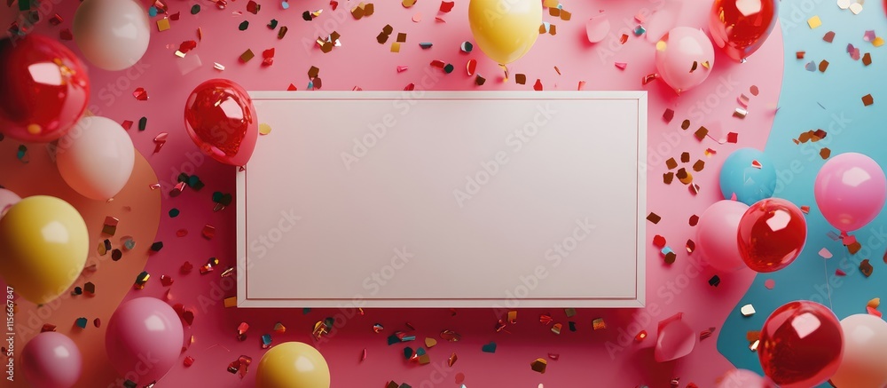 Poster celebratory flat lay with empty lightbox surrounded by colorful balloons and confetti for party invi