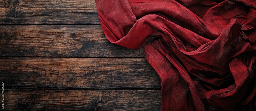 Poster crumpled red tablecloth draped over rustic wooden tabletop creating an inviting and warm atmosphere 