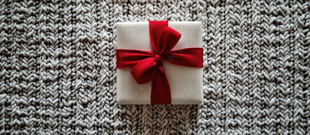 Poster gift box with red ribbon on textured knitted backdrop creating a festive and cozy atmosphere for cel